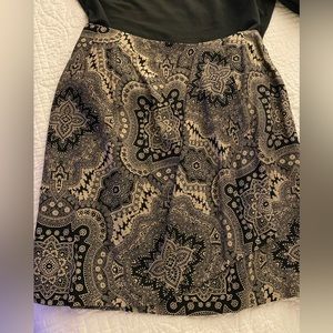 EUC Anne Klein II Black Paisley Wool Lined Faux Wrap Skirt 18” Long Size 10